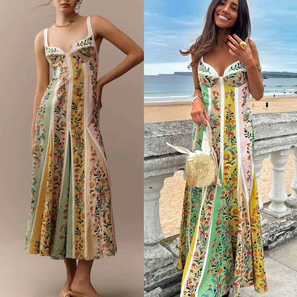 ZARA Women Summer Spaghetti Strap Floral Print Vacation Cinch Waist Dress